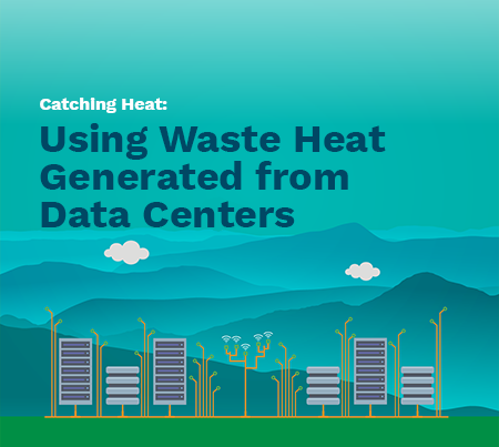 Cover of the ReImagine Appalachia report “Catching Heat: Using Waste Heat Generated from Data Centers,” showing illustrated AI data centers in an Appalachian landscape.