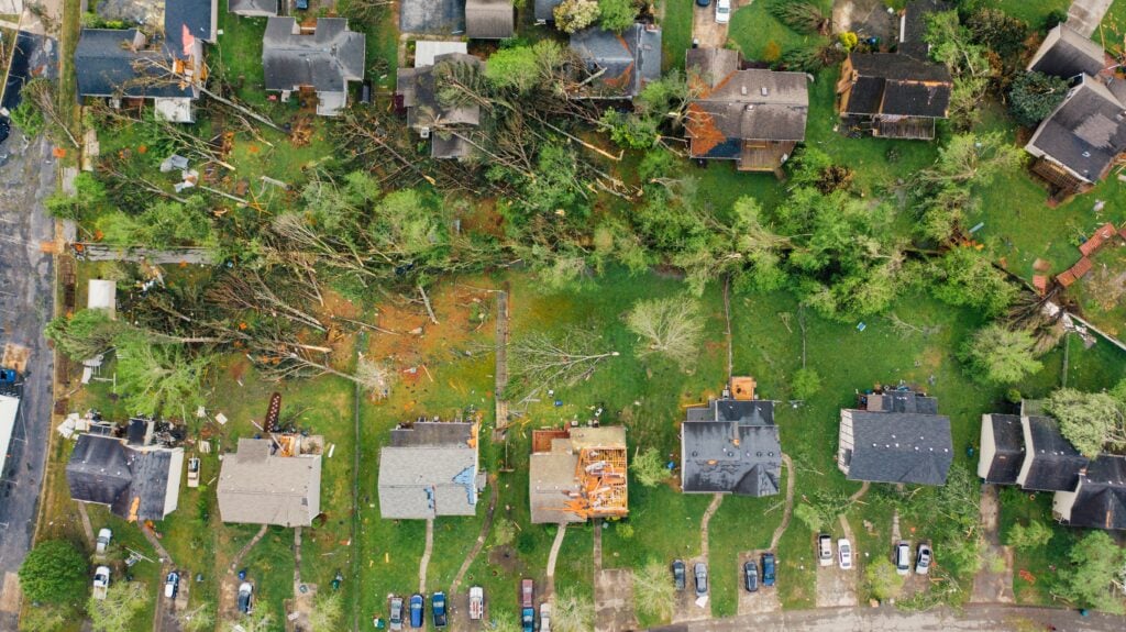 “Aerial shot of tornado aftermath in Chattanooga, Tennessee”